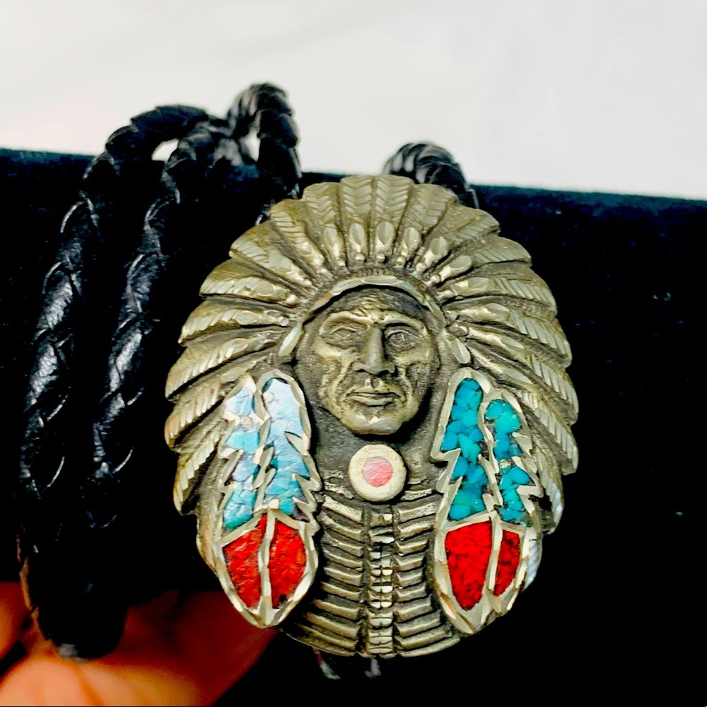 Vintage EJC Native American Chief Turq/Coral Bolo